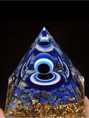 Blue Lucky Eye Crystal Pyramid Decorative with Orbiting Sphere